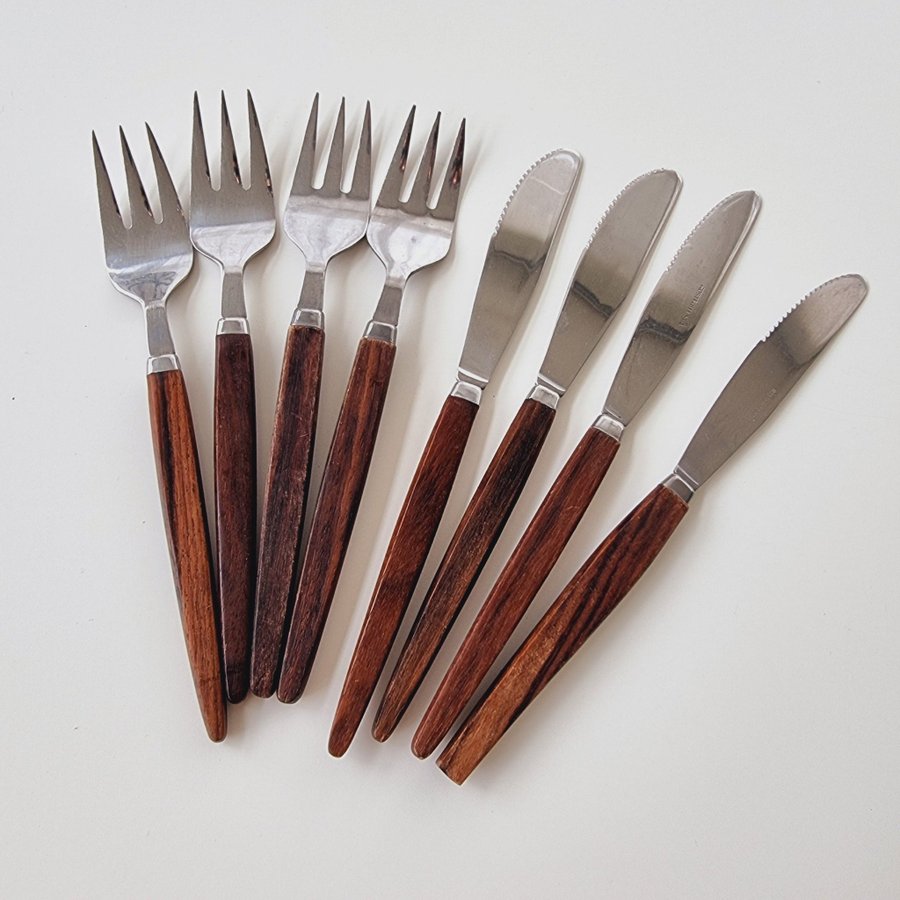 8 DELAR TEAK BESTICK SMÖRGÅSBESTICK GAFFEL KNIV RETRO VINTAGE