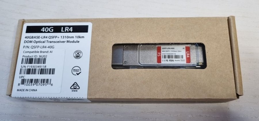 optisk modul QSFP 40G LR4 10km FS.com Arista kodad