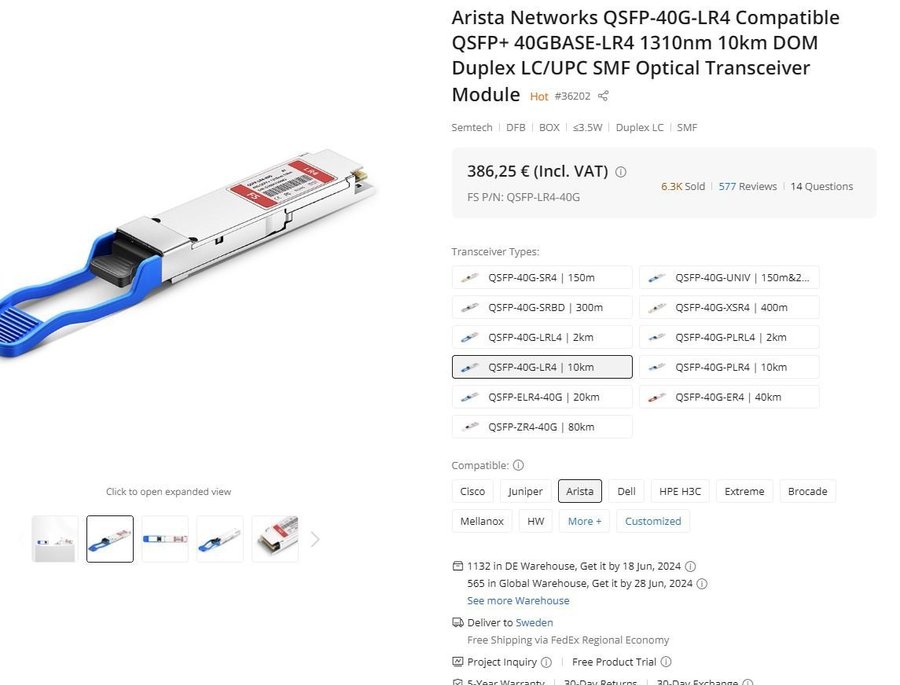 optisk modul QSFP 40G LR4 10km FS.com Arista kodad