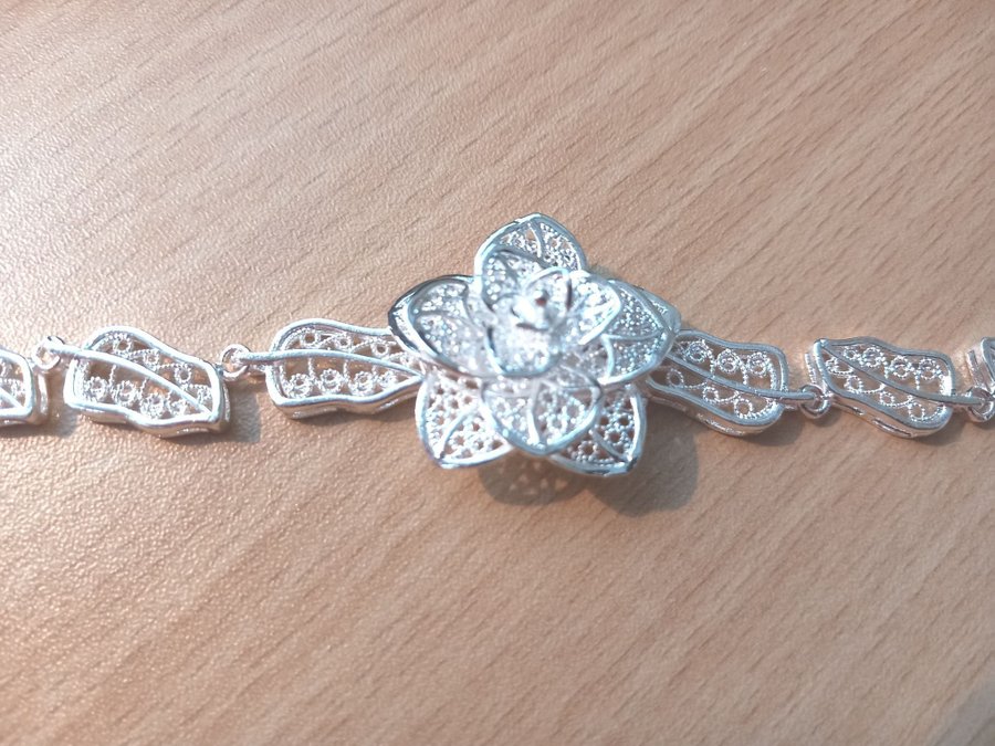 Silverarmband sterling 925, blomma och löv, silverpläterat 925 stämpel