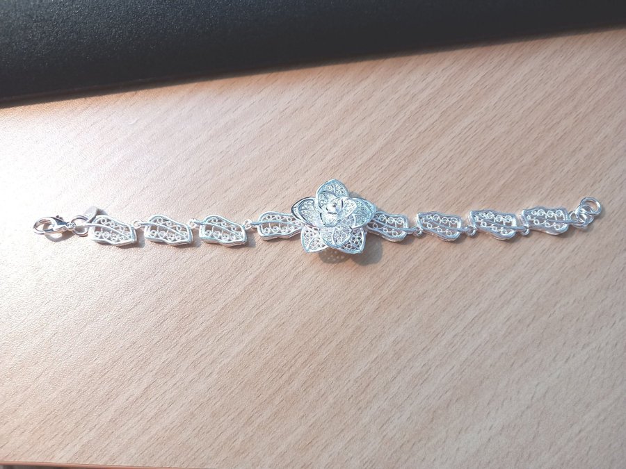 Silverarmband sterling 925, blomma och löv, silverpläterat 925 stämpel