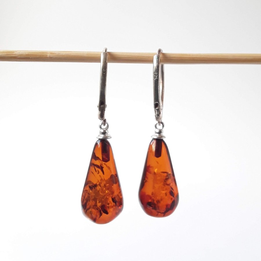 Baltic amber and 925 sterling silver dangle drop earrings Brown hanging earrings