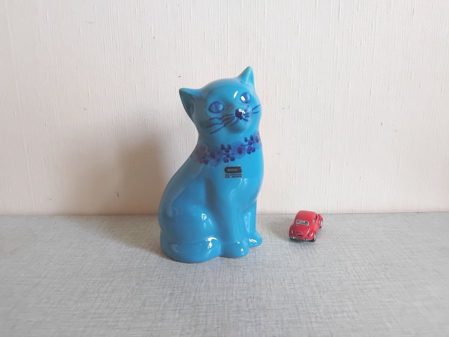 Söt Blå Keramik Katt Figurin Guldkroken Hjo Retro