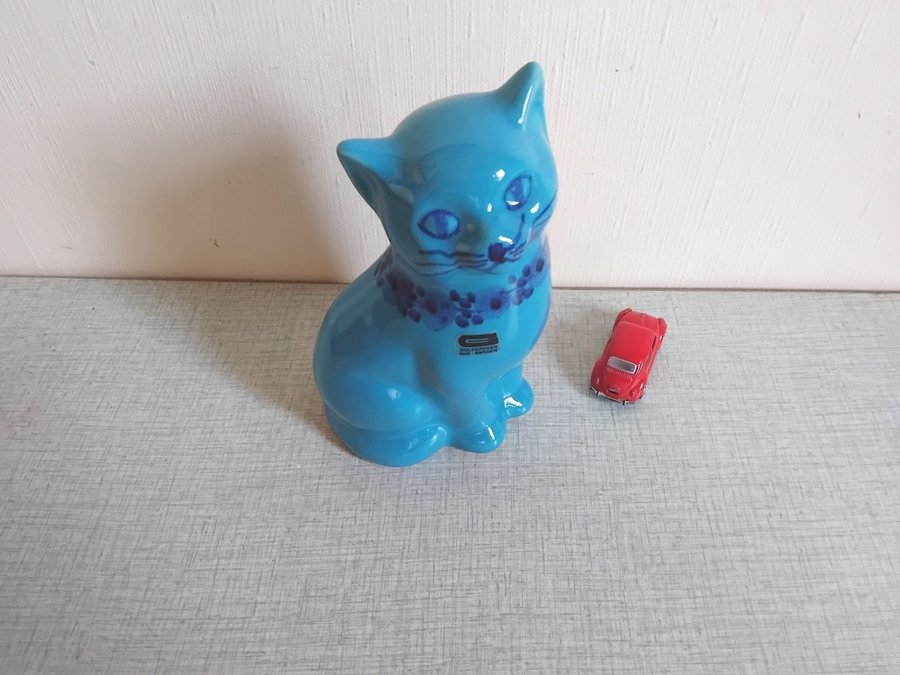 Söt Blå Keramik Katt Figurin Guldkroken Hjo Retro