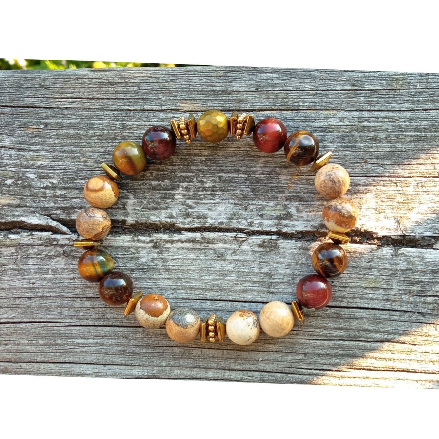 Tigeröga Picture jasper Hematit Antikguld Unisex Herr Långt Boho Kristall Yoga