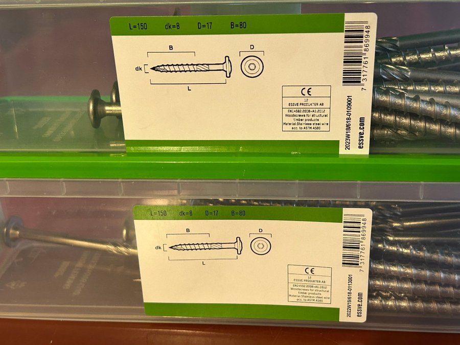 Träskruv (id00378-79) Essve WAF 8,0x150 mm A4 Stainless 2 frp EAN 7317761869948