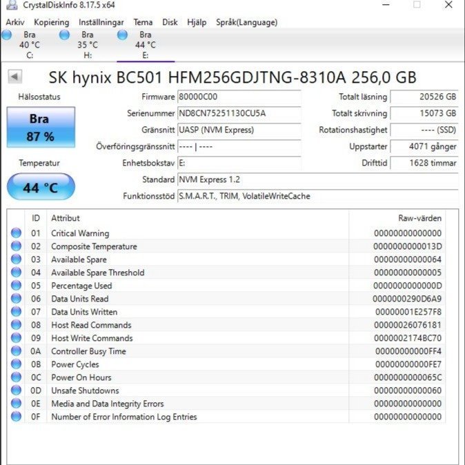 SSD M2  256GB  NVMe märke: SK Hynix  formfaktor 2280