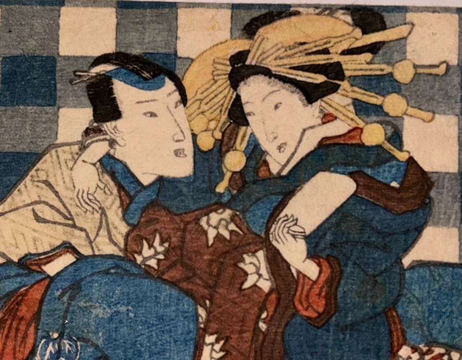 Japansk träsnitt shunga Kunisada? Ca 1850.