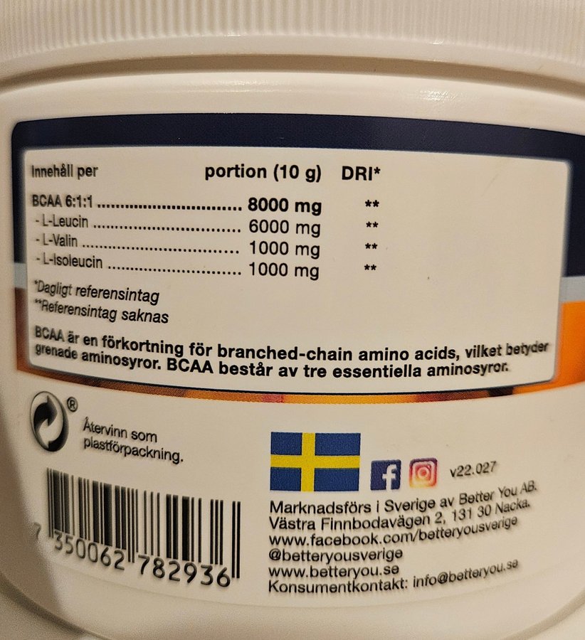 BETTER YOU BCAA ISTE/PERSIKA 250 GRAM/FULLSTOR - NYTT/OANVÄNT/OÖPPNAT!