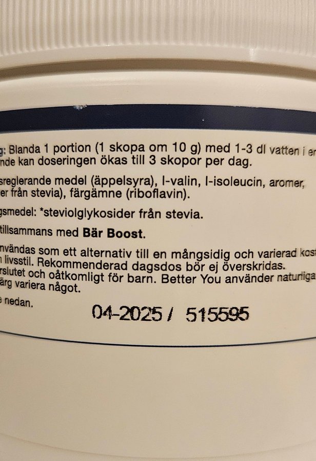 BETTER YOU BCAA ISTE/PERSIKA 250 GRAM/FULLSTOR - NYTT/OANVÄNT/OÖPPNAT!