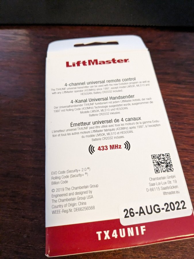 Liftmaster TX4UNIF 433MHz handsändare Original ny