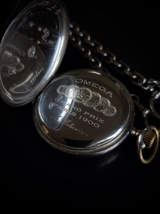 OMEGA SOLID SILVER POCKET WATCH + SILVER CHAIN - GRAND PRIX PARIS 1900 - 52 MM