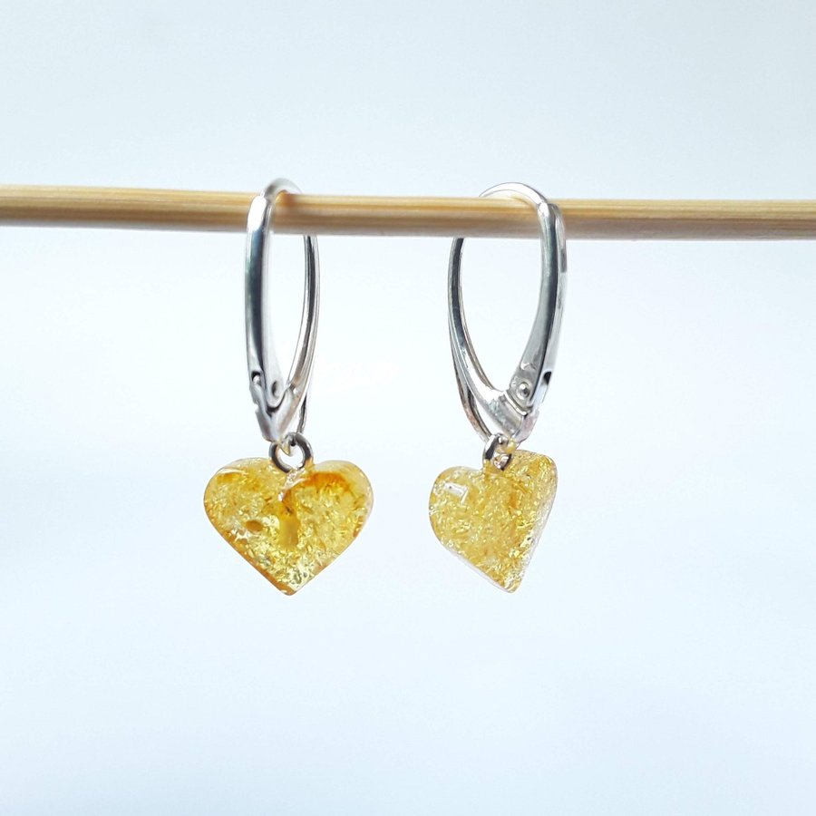 Baltic amber heart and 925 sterling silver dangle earrings yeallow women jewelry