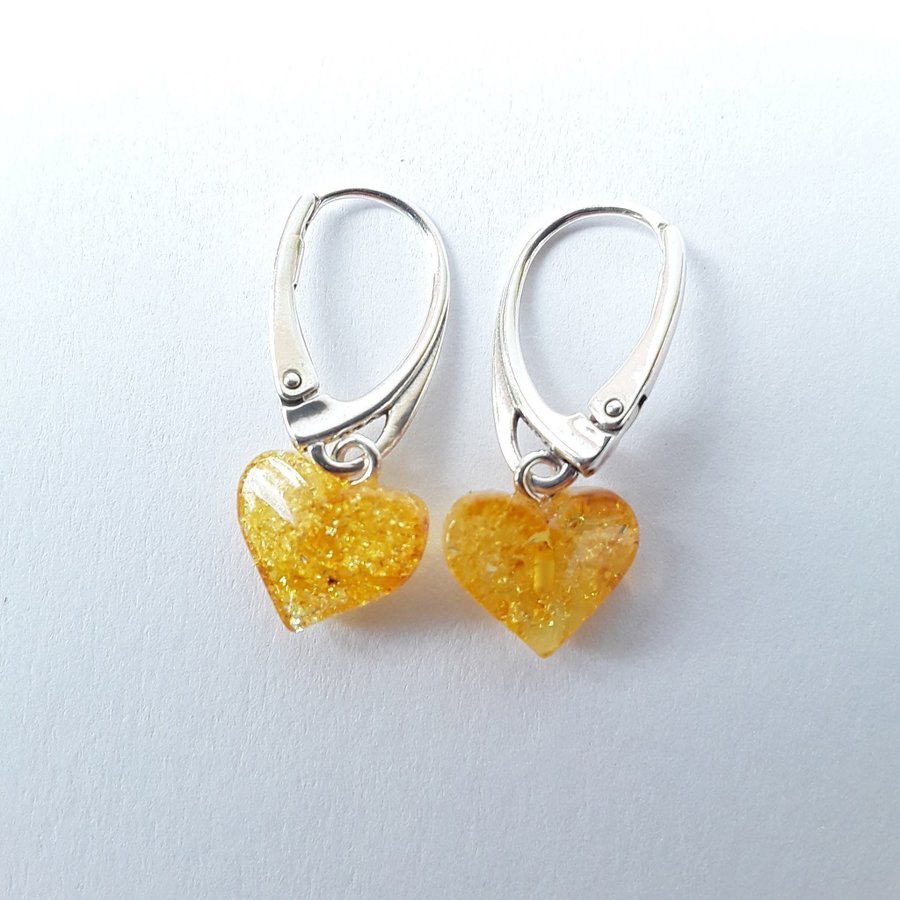 Baltic amber heart and 925 sterling silver dangle earrings yeallow women jewelry