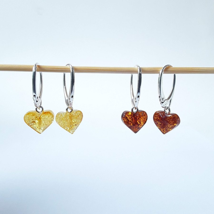 Baltic amber heart and 925 sterling silver dangle earrings yeallow women jewelry