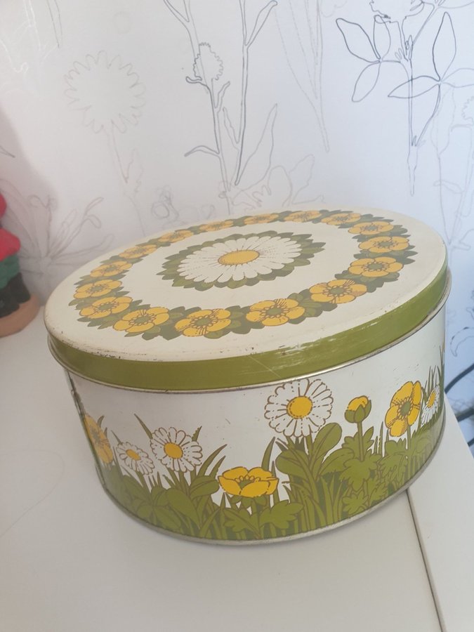 Samlarobjekt Plåtburk med blommotiv diam 22 cm