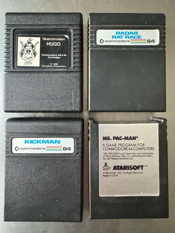 4 Commodore 64 Spil - Hugo Radar Rat Race Kickman og Ms Pac-Man