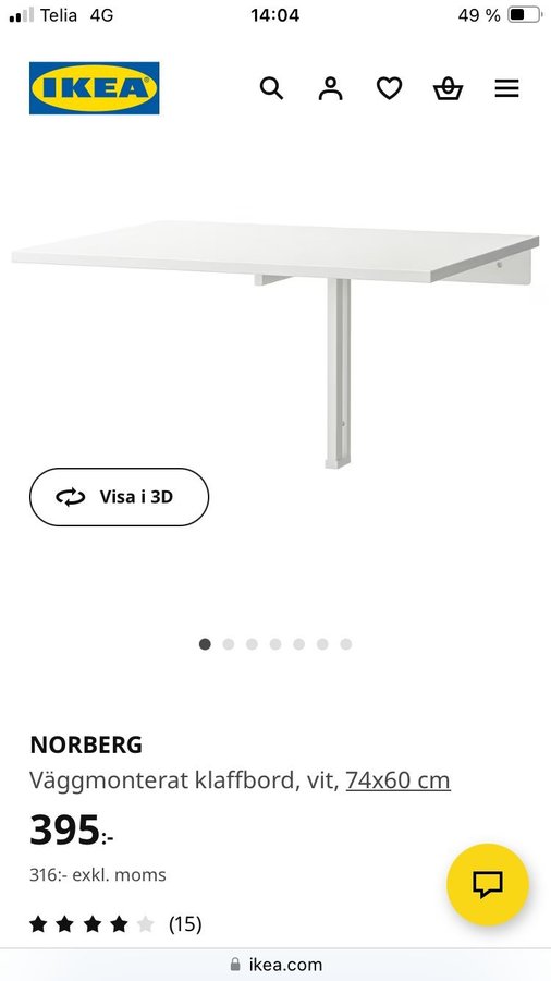 IKEA NORBERG Väggmonterat klaffbord, vitt, 74x60 cm