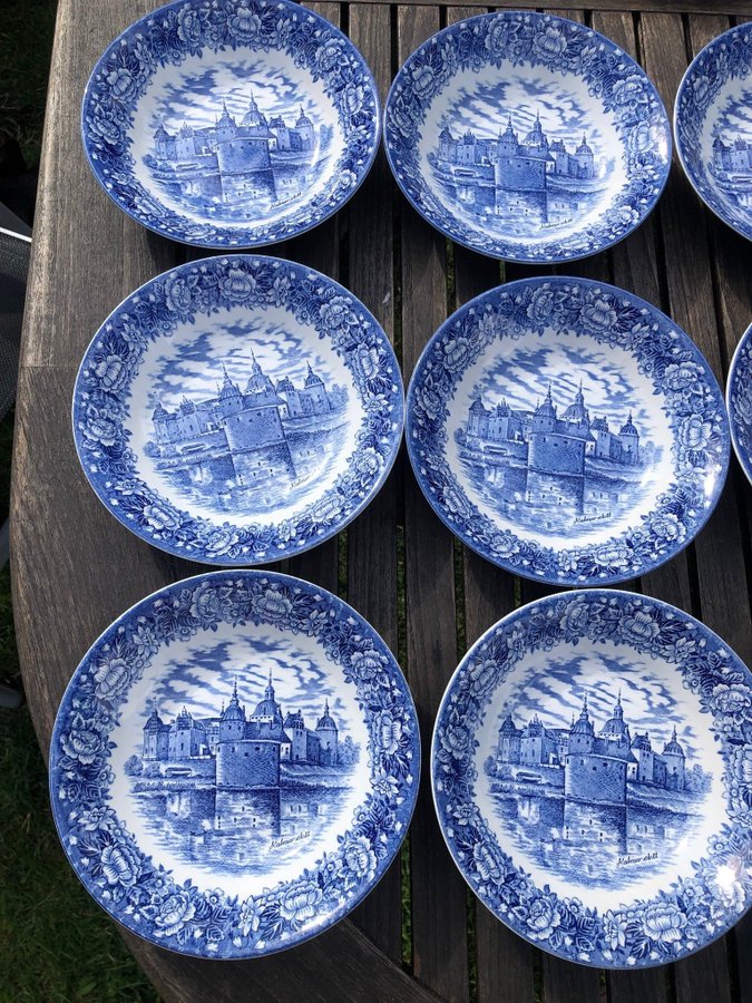 12 st djupa tallrikar Broadhurst Staffordshire Ironstone Kalmar blå vintage