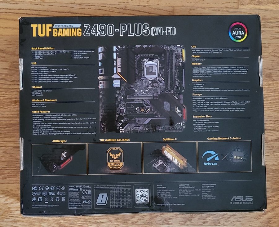 Nytt oöppnad Asus TUF Gaming Z490-Plus Wi-Fi 6 AX BT51 Thunderbolt 3/4 support