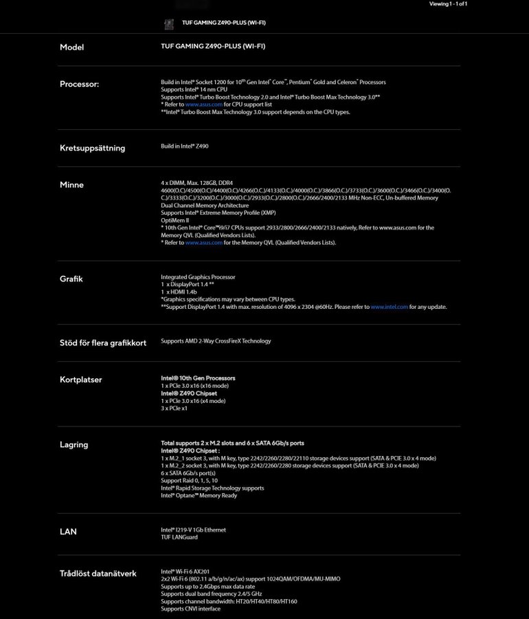 Nytt oöppnad Asus TUF Gaming Z490-Plus Wi-Fi 6 AX BT51 Thunderbolt 3/4 support