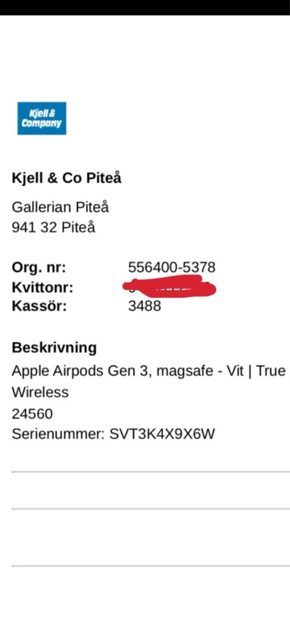 AirPods gen 3 MagSafe trådlöst + kvitto  garanti