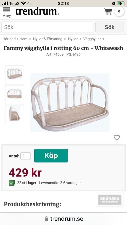 1 st vägghylla från Trendrum rotting sängbord nypris 429kr