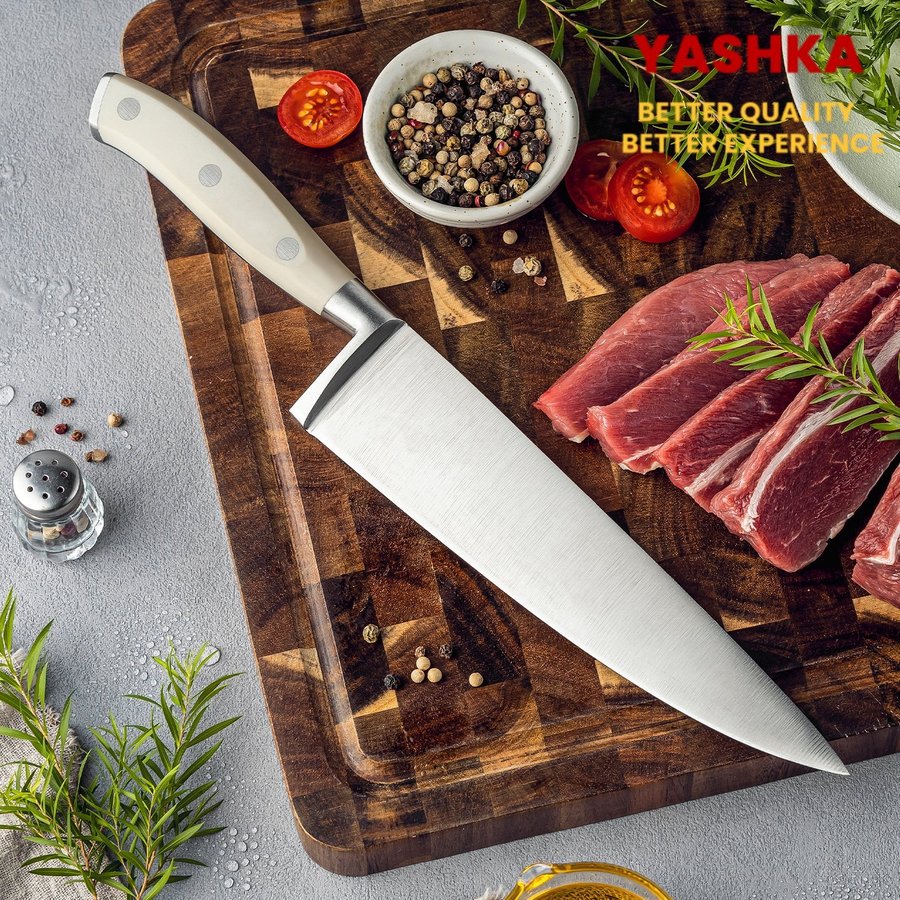 Premium Chef Knife 8 Inch 7Cr18Mov Stainless Steel Full Tang Handle White