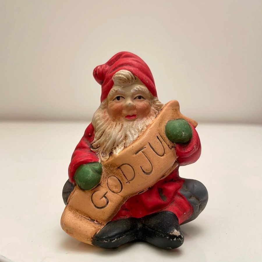 Vintage Jultomte i keramik med texten "God Jul"