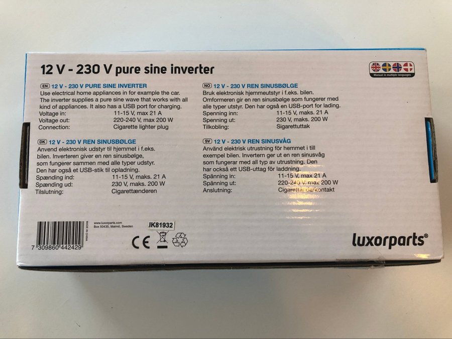 Luxorparts Växelriktare med ren sinusvåg 200 W // 12 V => 230 V