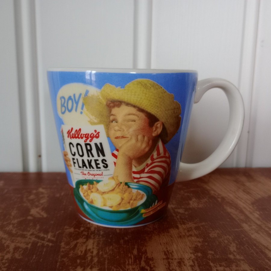 1 blå Vintage Kellogg's frukost mugg kopp Corn flakes boy