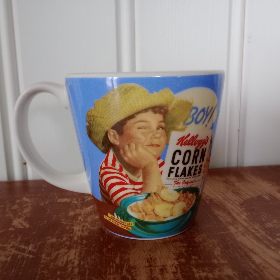 1 blå Vintage Kellogg's frukost mugg kopp Corn flakes boy