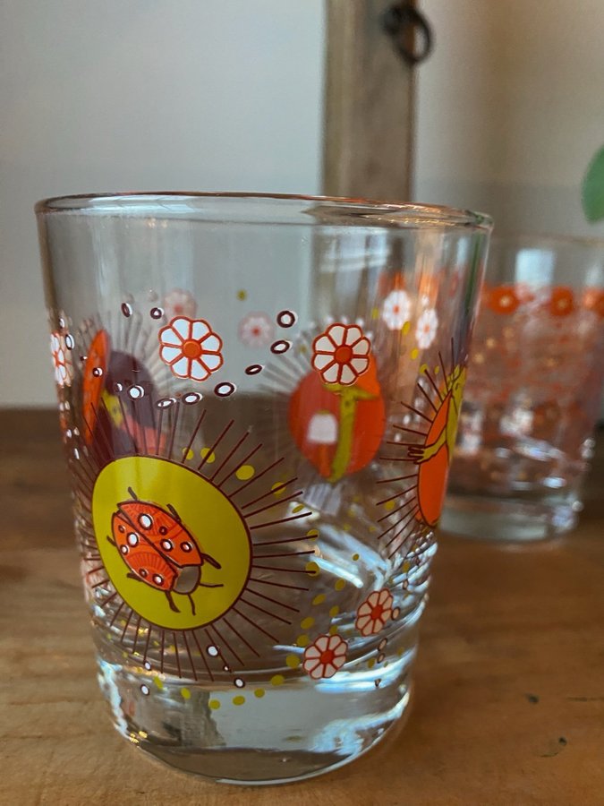 2 x Ikea Retro Vintage glas med motiv nyckelpiga groda svamp