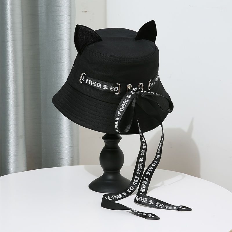 Black Bucket Hat With Ears, Sun Hat, Unisex Cap