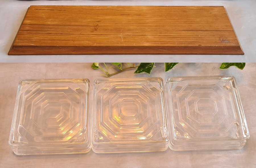 VINTAGE Serveringsbricka + Bricka med 3 Glasskålar av ÄKTA Teak - RETRO 70-tal