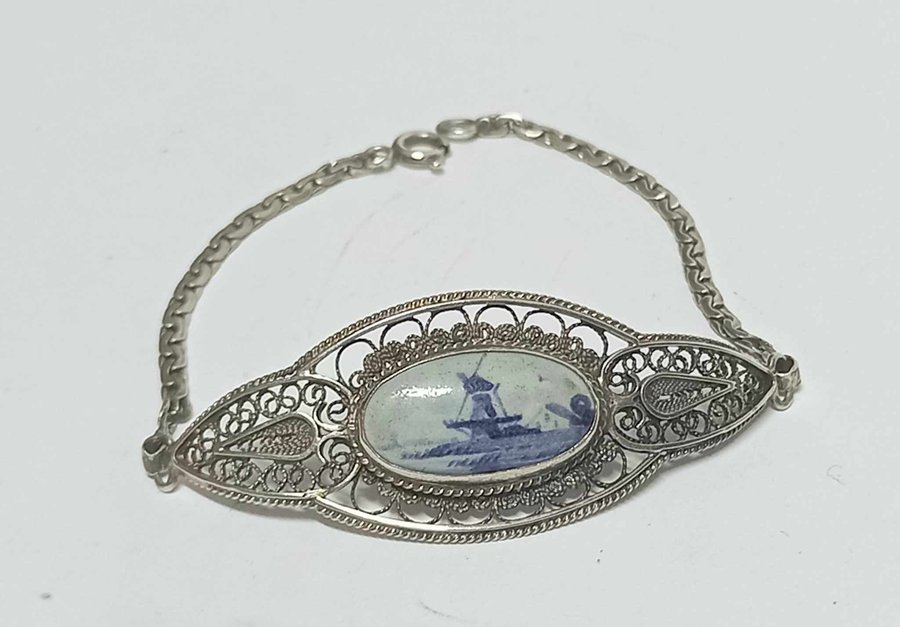 Armband - 925 silver filigran och handmålat porslin DELFT, 7gram L 17,5cm B 2cm