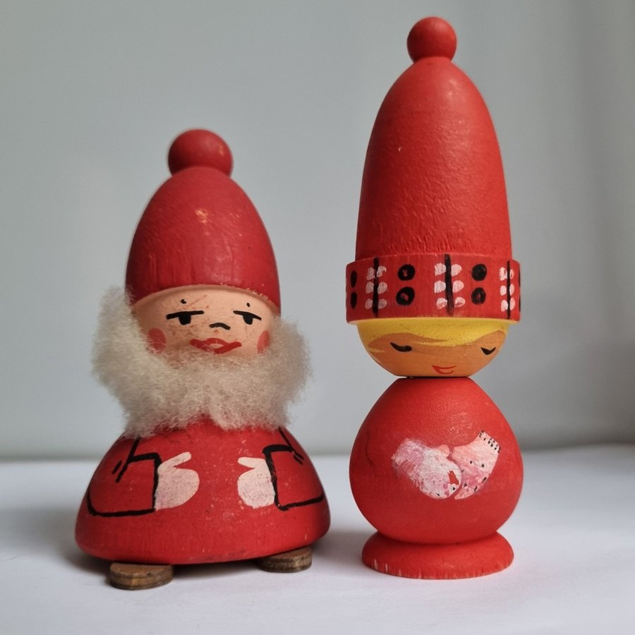 Bo Svensk Tomte med Skägg + Tomteflicka / Nisse av trä vintage