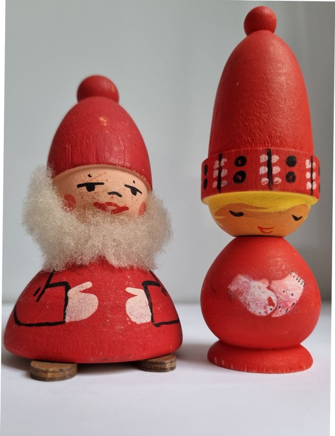 Bo Svensk Tomte med Skägg + Tomteflicka / Nisse av trä vintage