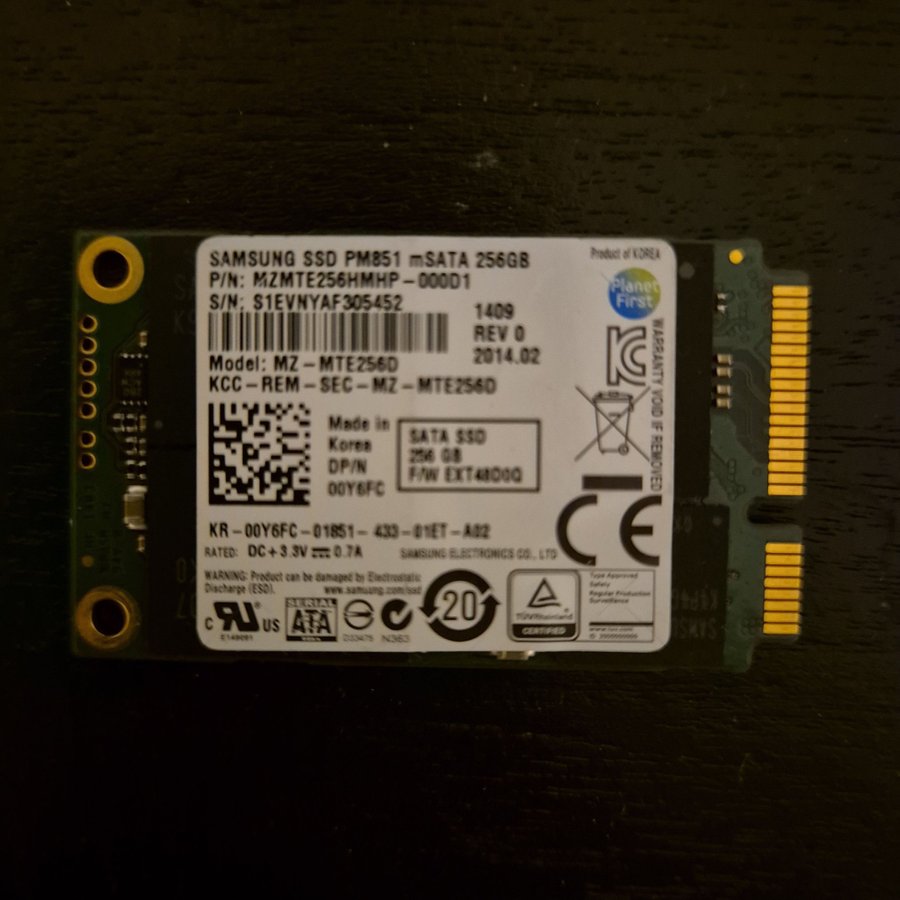 SAMSUNG SSD PM851 mSATA 256GB