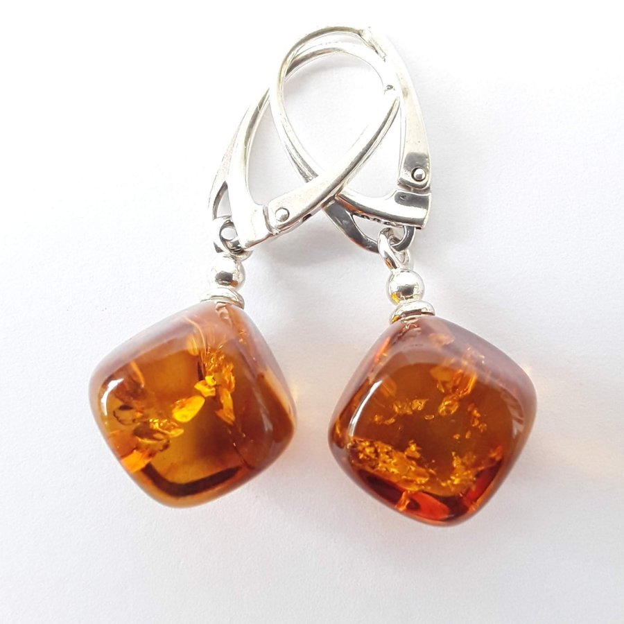 Baltic amber gemstone cube and 925 sterling silver dangle earrings lever back