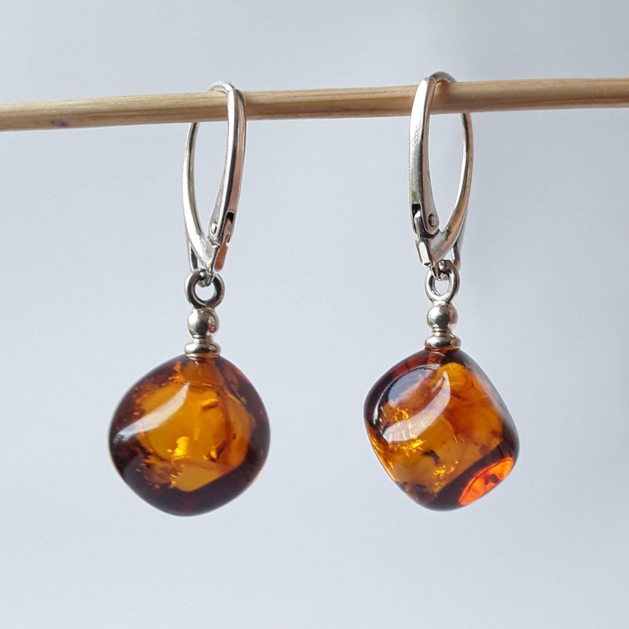 Baltic amber gemstone cube and 925 sterling silver dangle earrings lever back