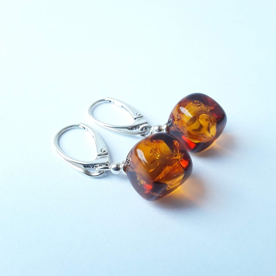 Baltic amber gemstone cube and 925 sterling silver dangle earrings lever back