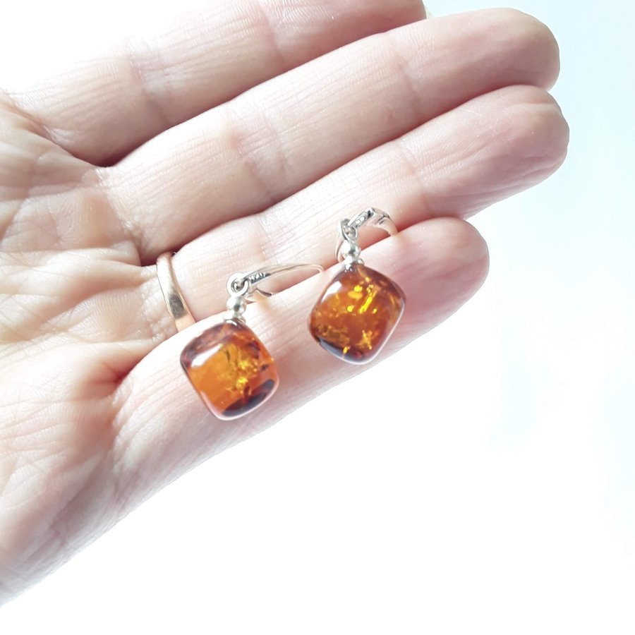 Baltic amber gemstone cube and 925 sterling silver dangle earrings lever back