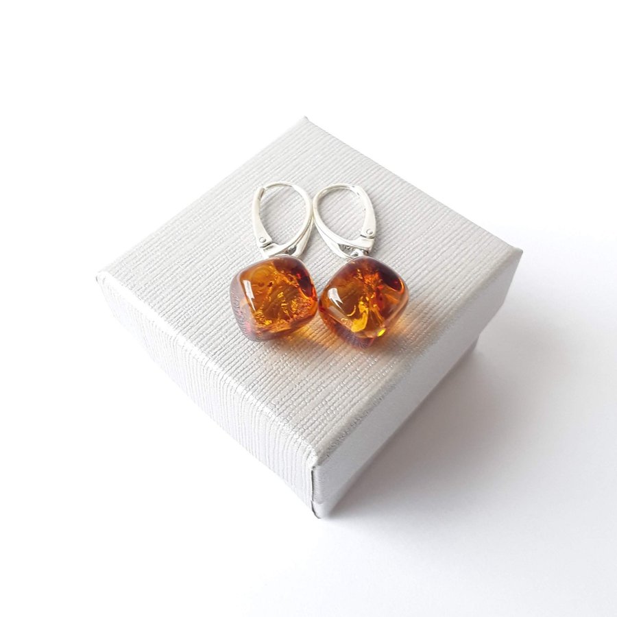 Baltic amber gemstone cube and 925 sterling silver dangle earrings lever back