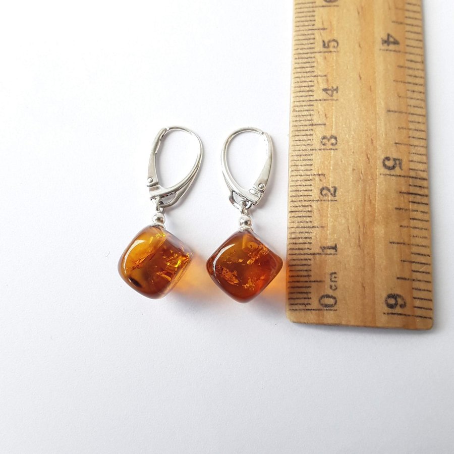 Baltic amber gemstone cube and 925 sterling silver dangle earrings lever back