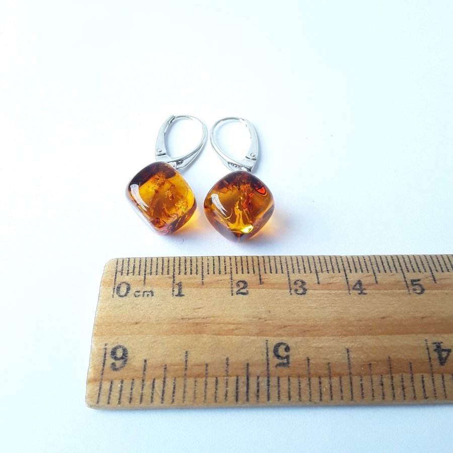 Baltic amber gemstone cube and 925 sterling silver dangle earrings lever back