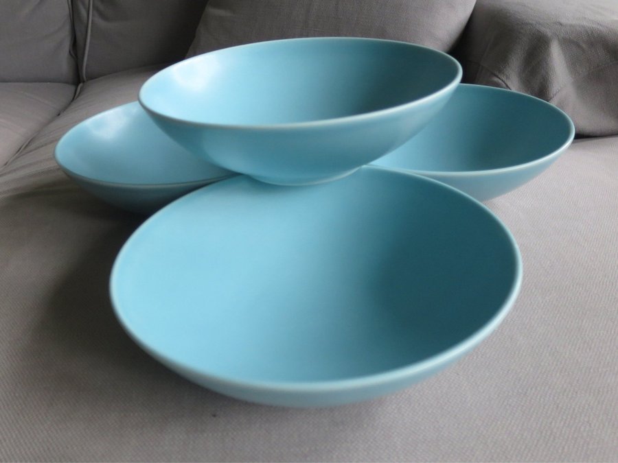 Höganäs 4 djupa tallrikar/skålar 19 cm aqua Soppa  pasta M-L Hellgren keramik