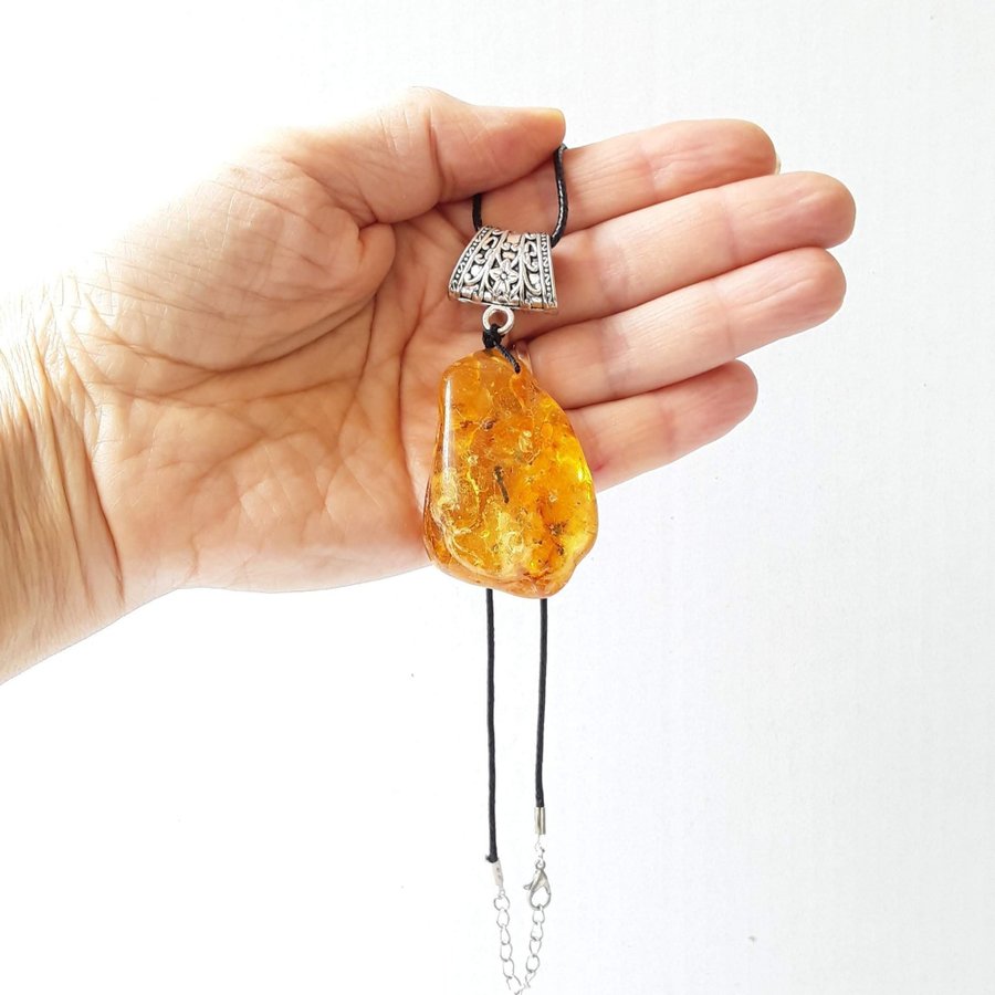 Yellow Baltic amber gem with insect pendant necklace Amber inclusion pendant