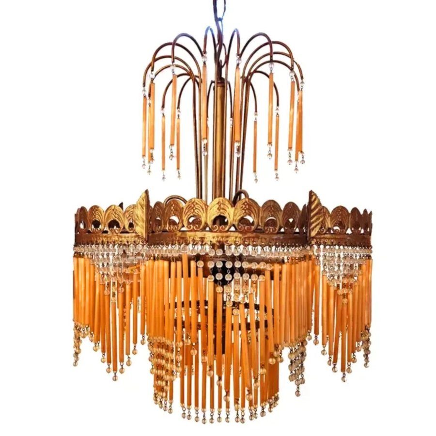 Large Jugend Ceiling Hanging Light with Amber colored glass pipes