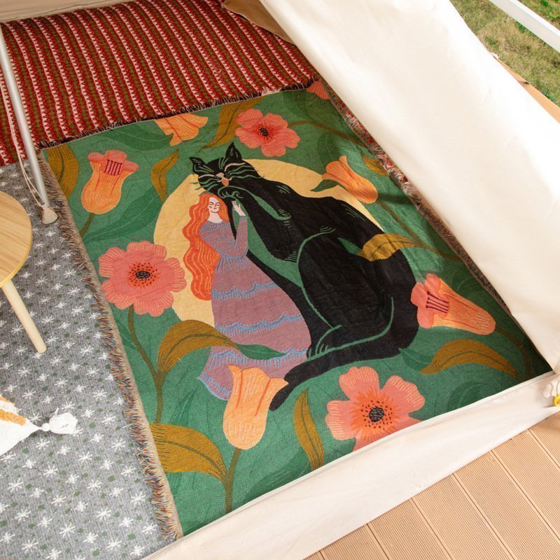 Black Cat Girl Sofa Thread Blanket Decoration tapestry tassel carpet,130*160cm